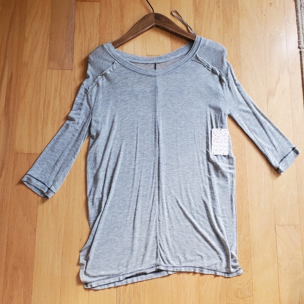 Free People XS Gray Heather Sheer 3/4 Sleeve Top